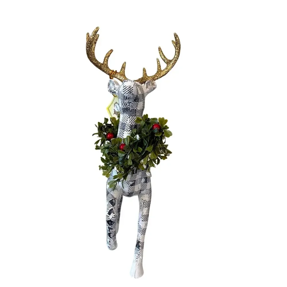 Mark Roberts Plaid Christmas Reindeer Gold Antlers 3pc 13in Holiday Decor NEW